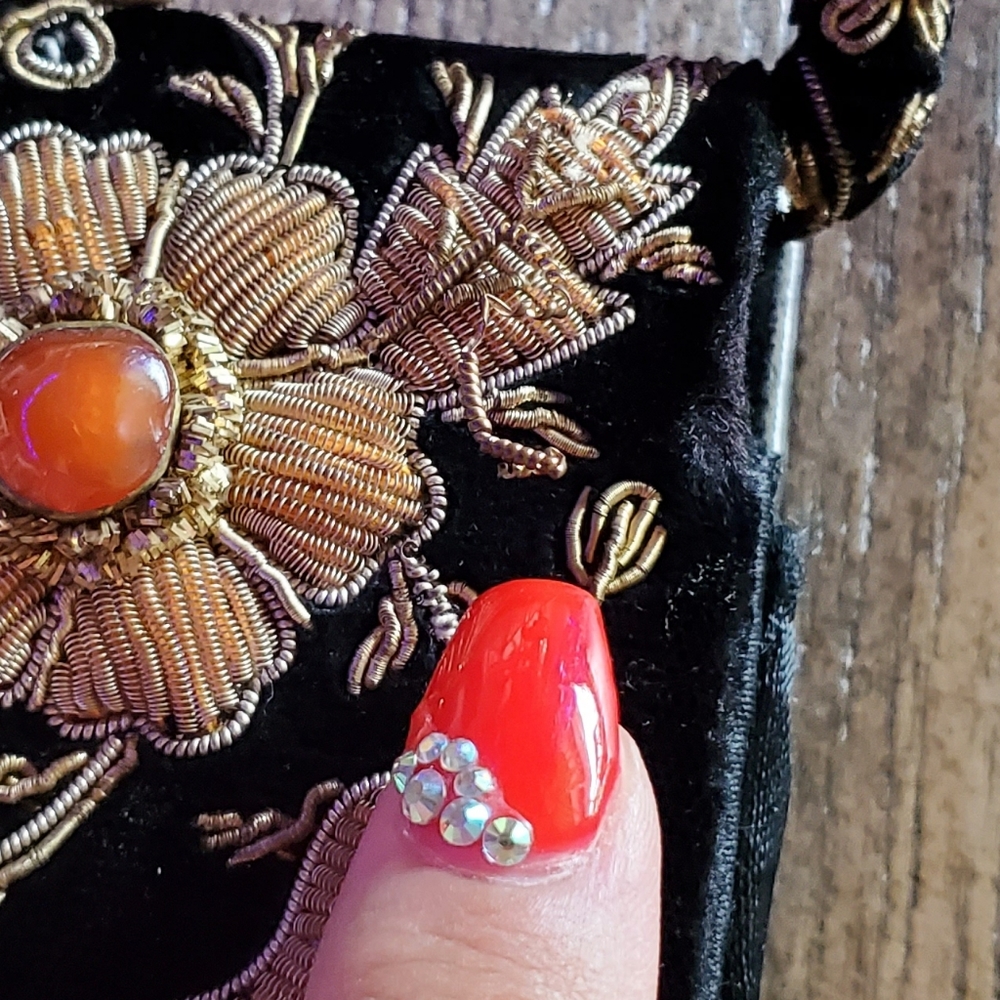 Vintage India Black Velvet Gold Embroidered Natural Gemstone Jeweled Evening Bag - Picture 15 of 17